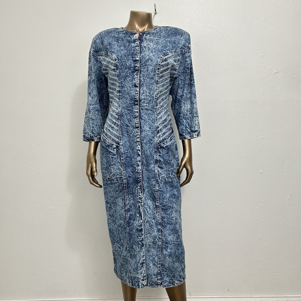 Vintage 80s Acid Wash Denim Midi Dress / Duster Sz S Snap Front Rare 3/4 Sleeves